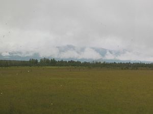 field, clouds, mountains